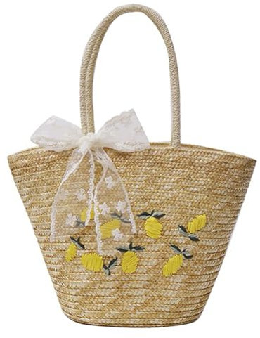 ARVALOLET Handvävd dambärväska, stor kapacitet, fruktbroderi, korgväska, dragkedja, stroheimer, handväska, resväska vid havet, Vit, 35*23*10cm/13.7*9*3.9in