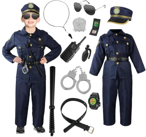 poliskostymer för barn, polisuniform, outfit, 11 st polisutstyrsel klädsel, fin polisman utklädnad kostym set för rollspel halloween jul världsbok dag dag