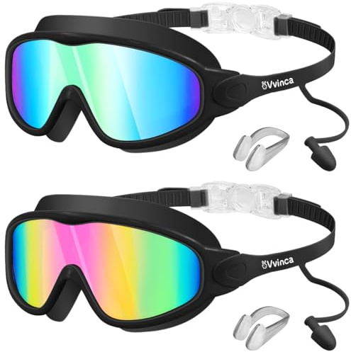 Vvinca Kids Swimming Goggles, 2 Pack Swim Goggles with Earplugs& Nose Clip Wide View No Leakage Anti-Fog UV Protection for Children Boys Girls Teens Age 3-15 Black