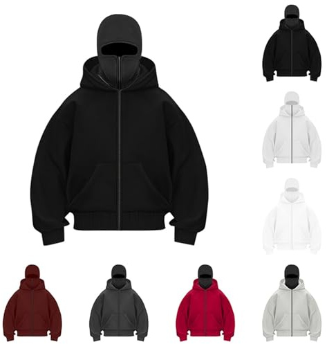 Générique Sweat à Capuche Zippé Homme Veste Chaude Hoodie Balaclava Cagoule Moto Masque Anti-Vent pour Sports de Plein Air Vélo Automne Hiver