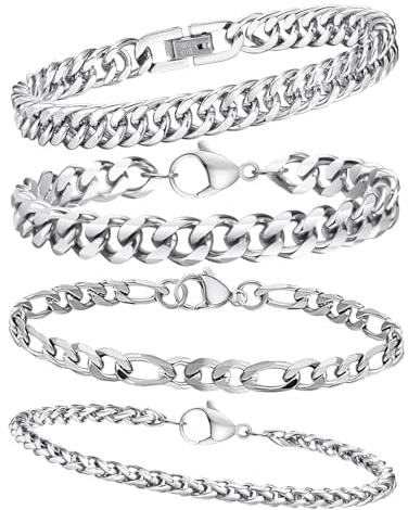 TZQFROCE 4 Stücke Armband Herren Silber Herren Armband Edelstahl Armbänder Panzerkette 19cm/21cm Herren Arm-band Edelstahl Armbänder für Männer Schmuck Herren für Papa Freund Schmuck Geschenk