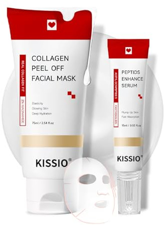 KISSIO Kollagen omslagsmask set, förbättringsserum och peel off ansiktsmask för elastisk, fuktgivande, strålande och fyllig hud, ansiktsmask med kollagen, peptider och niacinamid