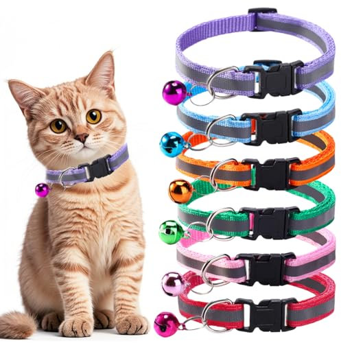 JEYORZY 6-Pack Personalisiertes Katzenhalsband, Katzenhalsbänder Quick Release Reflective Kitten Halsband mit Glocke, Katzenhalsband Anti-Strangulation, für Katzen oder Kätzchen