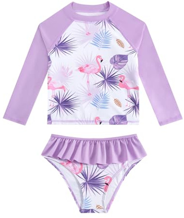 JiAmy Badeanzug Mädchen 2 Stück, Lange Ärmel uv Badeanzüge Bademode Badebekleidung Badeshirt uv Shirt für Kinder Rosa Flamingo 7-8 Jahre