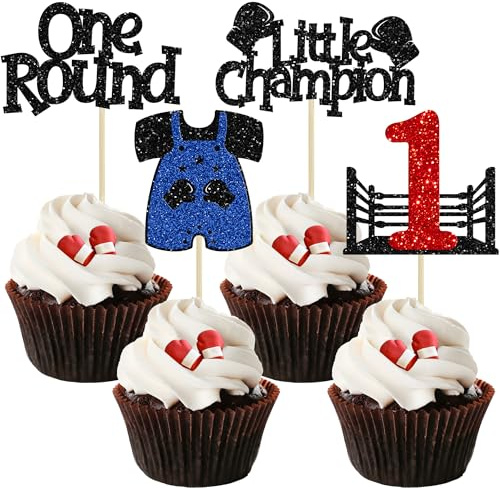 Ephlyn Cupcake-Aufsätze für Boxspieler, Glitzer, 1. Geburtstag, Cupcake-Picks, Boxer, Fitnessstudio, rund, 1 kleiner Champion, Geburtstagsparty-Dekoration, Zubehör, Blau, Rot, 24 Stück