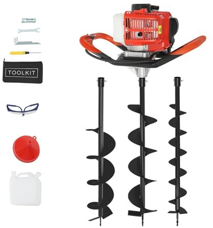 Fridgestea 2.3HP 2-Stroke Petrol Earth Auger with 3 Drill Bits (100/150/200 mm) & 30cm Extension Rod, Post Hole Digger for Fencing, Planting, Landscaping