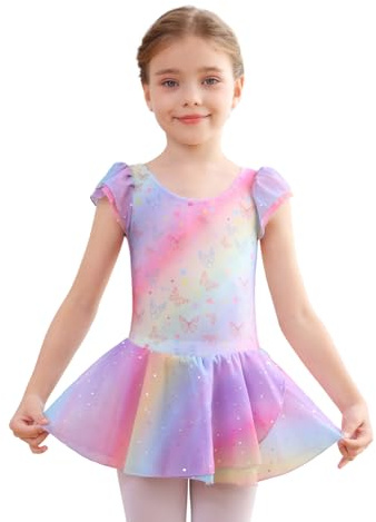 Mecceos Ballet Leotards for Girls Kids Girls Classic Ruffle Sleeve Tutu kirted Leotard Toddler/Little Kid/Big Kid(4-5T,Rainbow-B1)