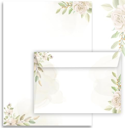 20 x Letter Paper Flower Motif with 10 Envelopes E&G Klasse Adults A4 White Green Beige Writing Paper Roses Motif Watercolour Set Writing Gift Paper
