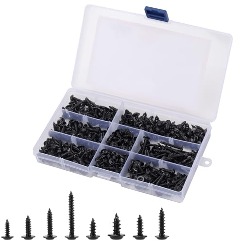 JIEHIN 350 Stück Schwarz Blechschrauben Set, M3 M3,5 M4 M4,8 Schwarz Selbstschneidende Schrauben, Kohlenstoffstahl Flachkopfschrauben Holzschrauben für Blech, Gipskarton, Holz