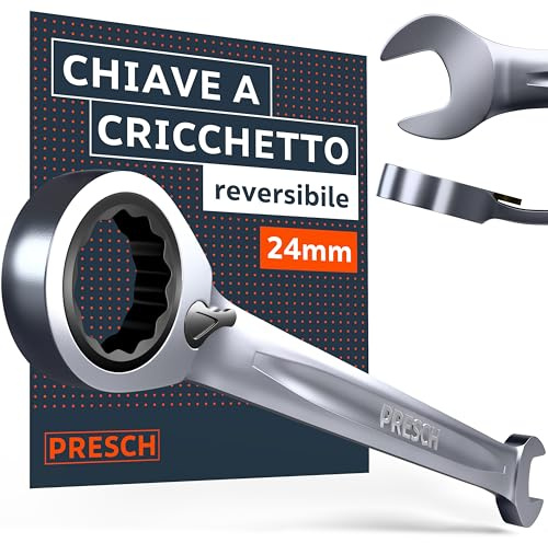 PRESCH Ratschenschlüssel 24mm umschaltbar - Minimaler Rückholwinkel (3°, 120 Zähne) - 15° abgewinkelt für beengte Stellen - Robuste, präzisionsgefertigte Ringratschenschlüssel