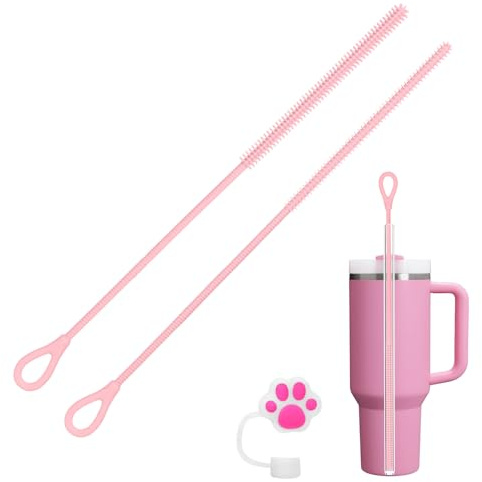 AYESY 2Pcs Silicone Straw Cleaner Brush, Reusable Straw Brush 6mm+9mm | Soft and Bendable, Non-slip Handle Straws Cleaner for Stanley Straws Water Bottles Jars Teapot Spout