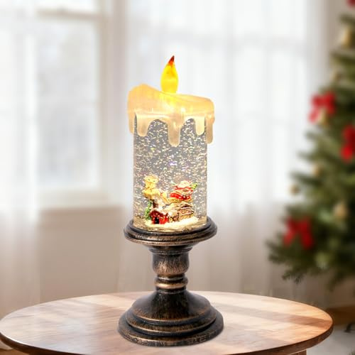 iLitLuk Candle Shaped Snow Globe Water Filled Swirling Glitter Lantern Water Spinner LED Lantern with Timer, Battery(excl.) Powered Christmas Home Decoration Gift 10 Tall