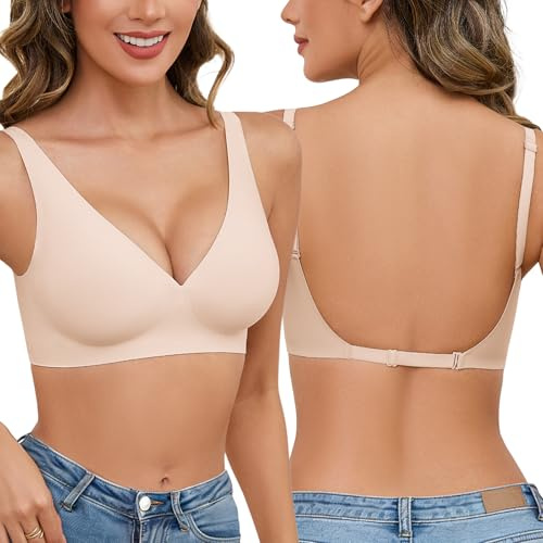 Niwicee Reggiseno Schiena Scoperta Invisibile Reggiseni Senza Ferretto Push Up V Profonda Reggiseno Multiway Bretelle Convertibili con Morbida Imbottiture (Beige, S)