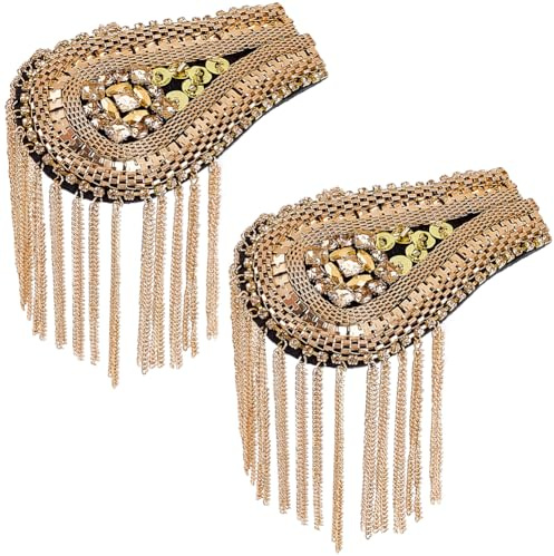CABODYALS 2 Stück Goldene Schulter Epauletten Mit Quaste Und Anstecknadel Funkelnde Gliederkette Tropfen Strass Abzeichen Vintage Glitzer Fransenspitze Dekorative Applikationen Für Damen Kleidungszube
