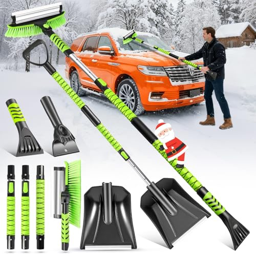 Spazzola da neve e pala da 152,4 cm con 2 raschietti per ghiaccio per parabrezza auto, spazzola estensibile per auto con 2 pali telescopici, testa rotante a 360° raschietto per ghiaccio rimovibile per