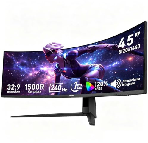 Gawfolk Monitor Gaming Curvo Ultra-Wide da 45 Pollici, 1500R, DQHD (5120×1440) Schermo PC, 240Hz, 1MS, AdaptiveSync, 120% sRGB, altoparlanti integrati，Interfacce HDMI2.1 & DP1.4, VESA 100 * 100mm-Nero