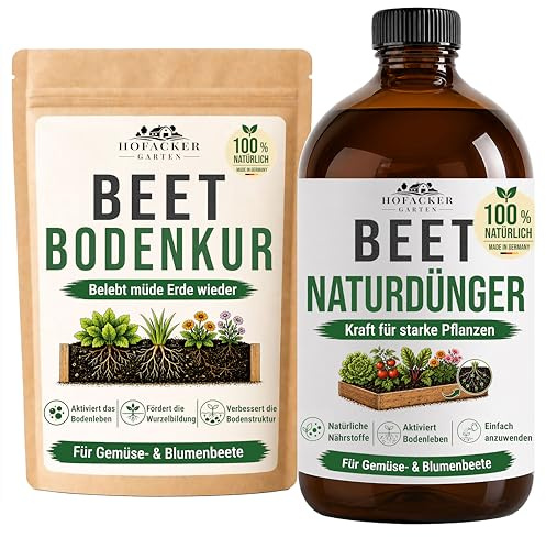 HOFACKER Hochbeetdünger Set mit Mykorrhiza & Mikroorganismen – Organischer Gemüsedünger flüssig 500ml + Bodenaktivator Bodenkur 100g – Naturdünger für Hochbeet, Gemüse, Kräuter & Tomaten