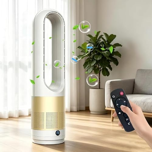 OMUIETIO Bladeless Tower Fan with Air Purifier, 2-in-1 Tower Fans with Remote Control, 8-Hour Timer, 90° Oscillation, Timer, Super Quiet Air Cooler for Home and Office (Silver)