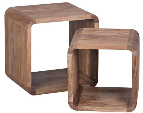 FineBuy Satztisch 2er Set 43x36x43 cm Akazie Massivholz Braun | Couchtische auch als Würfelregal nutzbar, Beistelltische aus Echtholz, handgefertigt, jedes Set ein Unikat