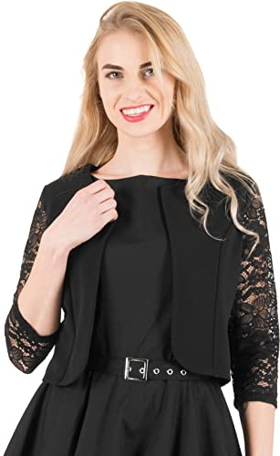 BlackButterfly Bolero Dam 3/4-ärm Blomspets, Svart, 4XL