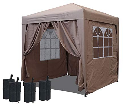 QUICK STAR Pop-Up-Pavillon 2,5 x 2,5 m Beige mit Fußbeschwerer und mit 4 Easy-Klett Seitenwänden mit 2 Reißverschlüssen.