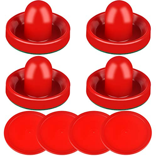 ONE250 Air Hockey Pushers and Red Air Hockey Pucks, Goal Handles Paddles Replacement Accessories for Game Tables (4 Striker, 4 Puck Pack) (Red)