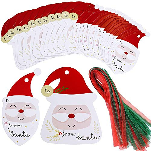 MonQi 100 Stück super niedliche From Santa Geschenkanhänger für Weihnachten mit 100 roten und grünen Bändern, Etiketten aus Weihnachtspapier, für die Dekoration des Weihnachtsgeschenks für Kinder