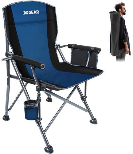 XGEAR Portable Camping Chair for Adutls - Heavy Duty Outdoor Camp Chairs - Folding Lawn Chair with Padded Hard Armrest Cup Holder Storage Pocket - Collapsible for Outdoor Fishing Garden