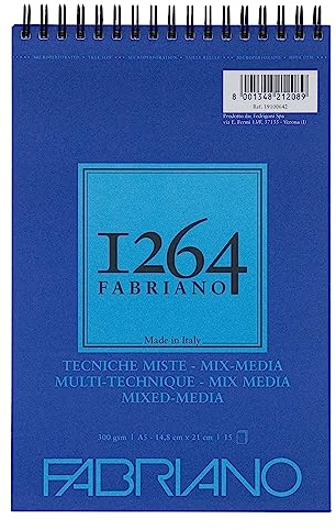 Honsell 19100642 - Fabriano Mix Media Spiralblock 1264, 300 g/qm, DIN A5, 15 Blatt naturweißes, mittelkörniges Papier, säurefrei, für alle vielfältige Techniken geeignet, Weiß