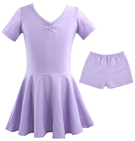 Discoball Girls Ballet Dress Kids Dance Leotard Dress Children V-Neck Ballet Outfit Gymnastics Costume Childrens Shorts Sleeve Dance Costumes for Girls Purple