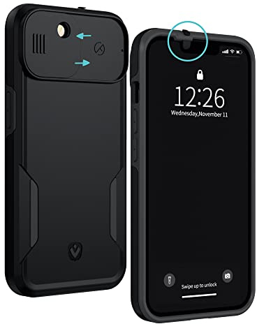 Spy-Fy iPhone 14 Plus Hülle mit Schiebekamera-Abdeckung Vorne und Hinten | Schütze Deine Privatsphäre | 2 Meter Fallschutz | Matt Schwarz | iPhone 14 Plus Kamera Abdeckung | Valenta