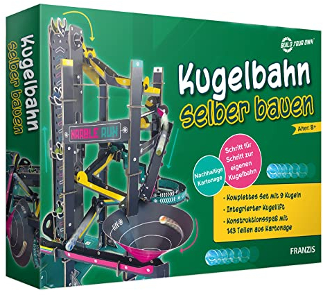 FRANZIS 67173 - Kugelbahn selber Bauen, Konstruktionsspaß mit 143 Teilen aus Kartonage, komplettes Set mit 9 Kugeln, für Kinder ab 8 Jahren