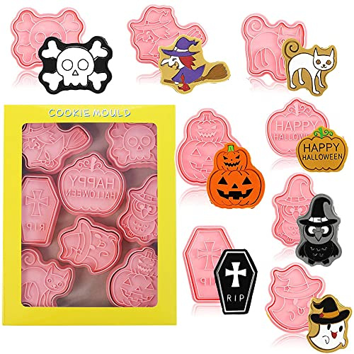 8 stück Halloween Ausstechfomen Set, Ausstechformen Kürbis Fledermaus Geist Totenkopf Katze Spinnennetz Süßigkeit Hexenhut Keksausstecher für Backen mit Kinder, Keks, Backen Fondant Cutters (H)