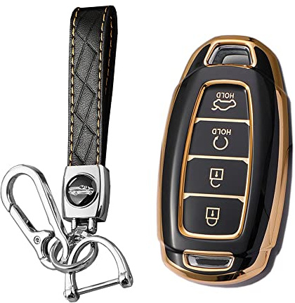 KUNIO Autoschlüssel Schutzhülle passt für Hyundai Fista Lafesta Santa Kona Solaris Azera Eon Kauai Palisade Creta Elantra TPU Schlüsselgehäuse Schlüsselanhänger 4 Tasten C Schwarz