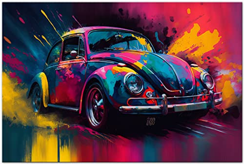 PRINTONIA Leinwand-bild 120x80cm Volkswagen VW Käfer Oldtimer Abstrakt Art Automobil Bilder Deko Dekoration Wandbild Kunstdruck