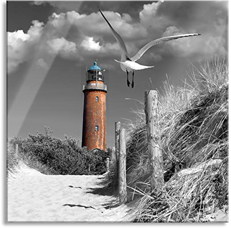 Pixxprint Glasbild, Wandbild auf Echtglas, Leuchtturm mit Möwe an Strandweg, 70x70 cm, inkl. Aufhängung und Abstandshalter