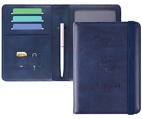 DMLuna Reisepasshülle, Premium-PU-Leder, Reisepass-Brieftasche, RFID-blockierend, Reisepasshülle, Organizer mit Stifthalter, für Damen und Herren, Mondlicht
