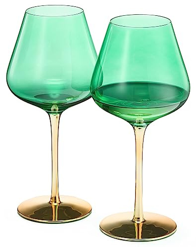 Khen Art Deco Colored Wine Glasses, Gold | Set of 2 | 20 oz Classic Cocktail Glassware for Red or White Wine, Gin & Tonic, Champagne, Speakeasy Style Goblets Stems, Vintage Blue, Teal, Green (20OZ)