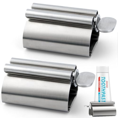 LOVEINUSA Toothpaste Tube Squeezer Dispenser, 2PCS Toothpaste Roller Squeezer Tool Metal Tooth Paste Holder for Bathroom, Silver
