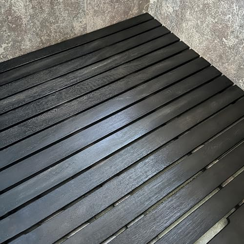 Caillebotis Douche Noir Bois Massif Tapis de Bain, Intérieur Extérieur Pédale de Sol de Douche, Grand Antidérapant Marche de Salle de Bain, Naturel Tapis de Drainage en Caillebotis, Personnalisé (Siz