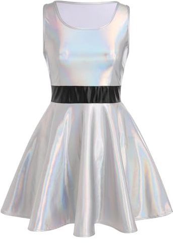 Damen Holographic Glitzer Wetlook Rock Kleid Metallic Skater High Waist Faltenrock Minikleid Damen Halloween Fasching 80er Cartoon Animation Cosplay Kostüm Festival Party Outfit Silber L