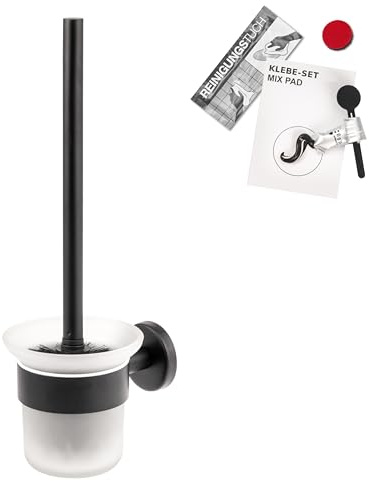 bremermann Bad-Serie Piazza Black - WC-Garnitur inkl. Klebeset mit Wandhalterung und 1 Ersatzbürstenkopf, WC-Bürstenhalter, Toilettenbürstenhalter aus satiniertem Glas und Edelstahl, matt schwarz