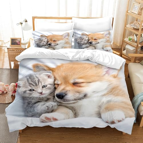 PORJDN Housse de Couette Chat,avec Housse de Couette et taie d'oreiller 65x65cm.Kitty Housse de Couette 3D Animal de Compagnie Ensemble Housse de Couette Chat. (Chats et Chiens-1, 220x240cm)