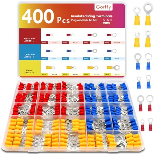 Gorffy Ringkabelschuhe 400 Stück, Ringösen Kabelschuhe 0,5-6mm² | Kupfer Kabelschuhe,Ø M4/M5/M6/M8 Ringkabelschuhe Set, Kabelschuhes Quetschverbinder Sortiment für Autoteile, Werkstätten