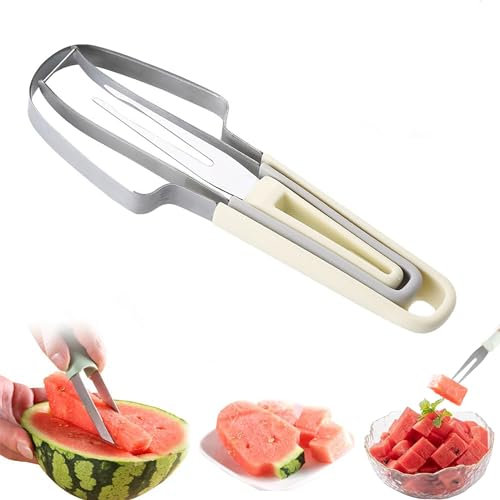 3-In-1 Wassermelonen Schneider, Edelstahl Melonenschneider, Melonenausstecher, Watermelon slicer, Obstschneider für Melonen, Wassermelonen Gabelschneider, für Küche, Familie, Partys, Camping (Beige)