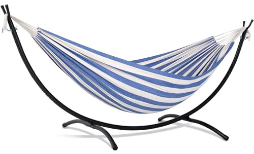 SUNCREAT Hinterhof-Hängematte mit Gestell, Hängemattenrahmen für draußen, 215,5 kg Kapazität, blau-weiße Streifen