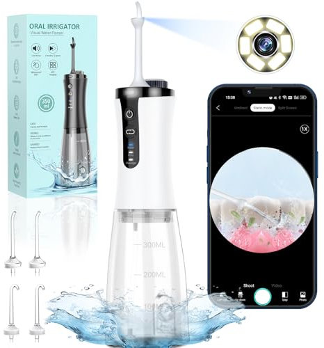 VITCOCO Visual Water Dental Flosser for Teeth Cordless with Camera, Rechargeable Oral Irrigator Floss Water Jet for Teeth Braces with 350ML Water Tank and 5 Jet Tips for Travel & Home Use-White