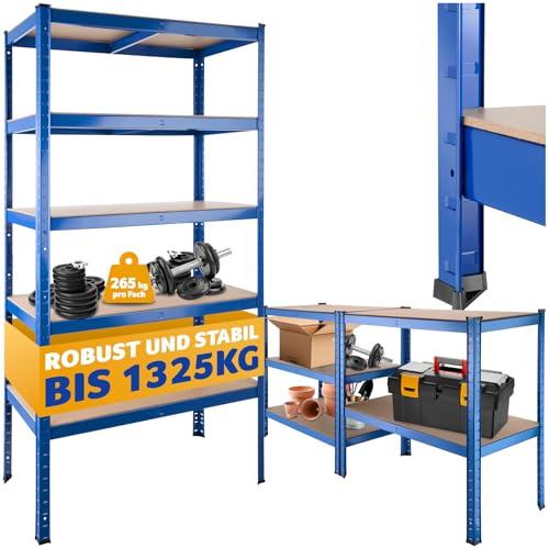 tectake® Scaffale in Metallo a 5 Ripiani, Scaffale Salvaspazio, Scaffale Metallo Garage Regolabile, Trasformabile, Ideale per Magazzino, Ripostiglio, Ufficio, Capacità di Carico 1325 Kg - Blu
