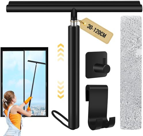 Pavlleen Duschabzieher, Boden- und Fensterabzieher mit 120 cm Teleskopgriff, Mikrofaser, Abzieher für Badezimmer und Autofenster, mit Halterung, Spiegel (schwarz)