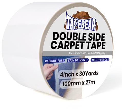 TAPEBEAR Carpet Tape Double Sided 100mm x 27m, Heavy Duty Rug Gripper Anti | Slip Anti Curling Floor Tape Residue-Free, Two Sided, Removable, Waterproof for Area Rugs, Mats, Strong Hold for Tile,White